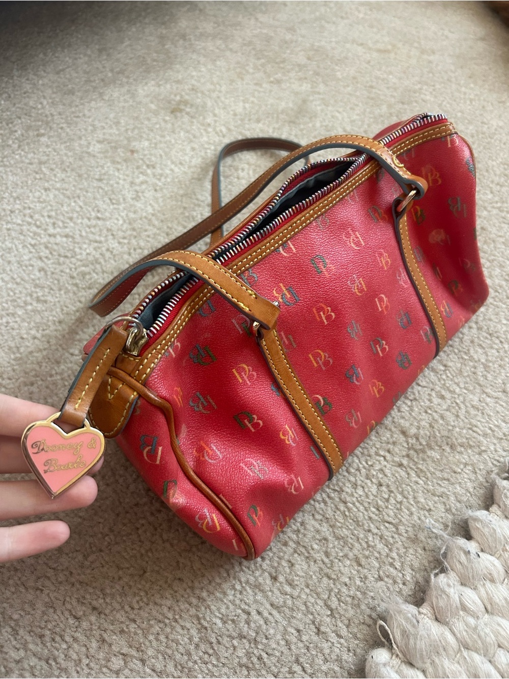 Dooney & Bourke Red Mini Satchel with Tan Trim and Multicolor Monogram